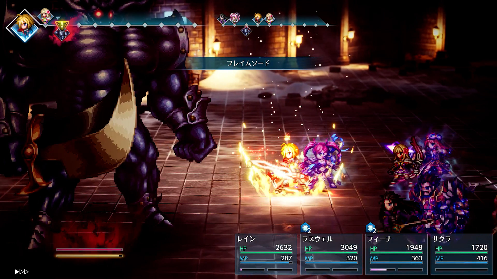 In-game combat screenshot showing the turn-based timeline with party characters facing a large monster.