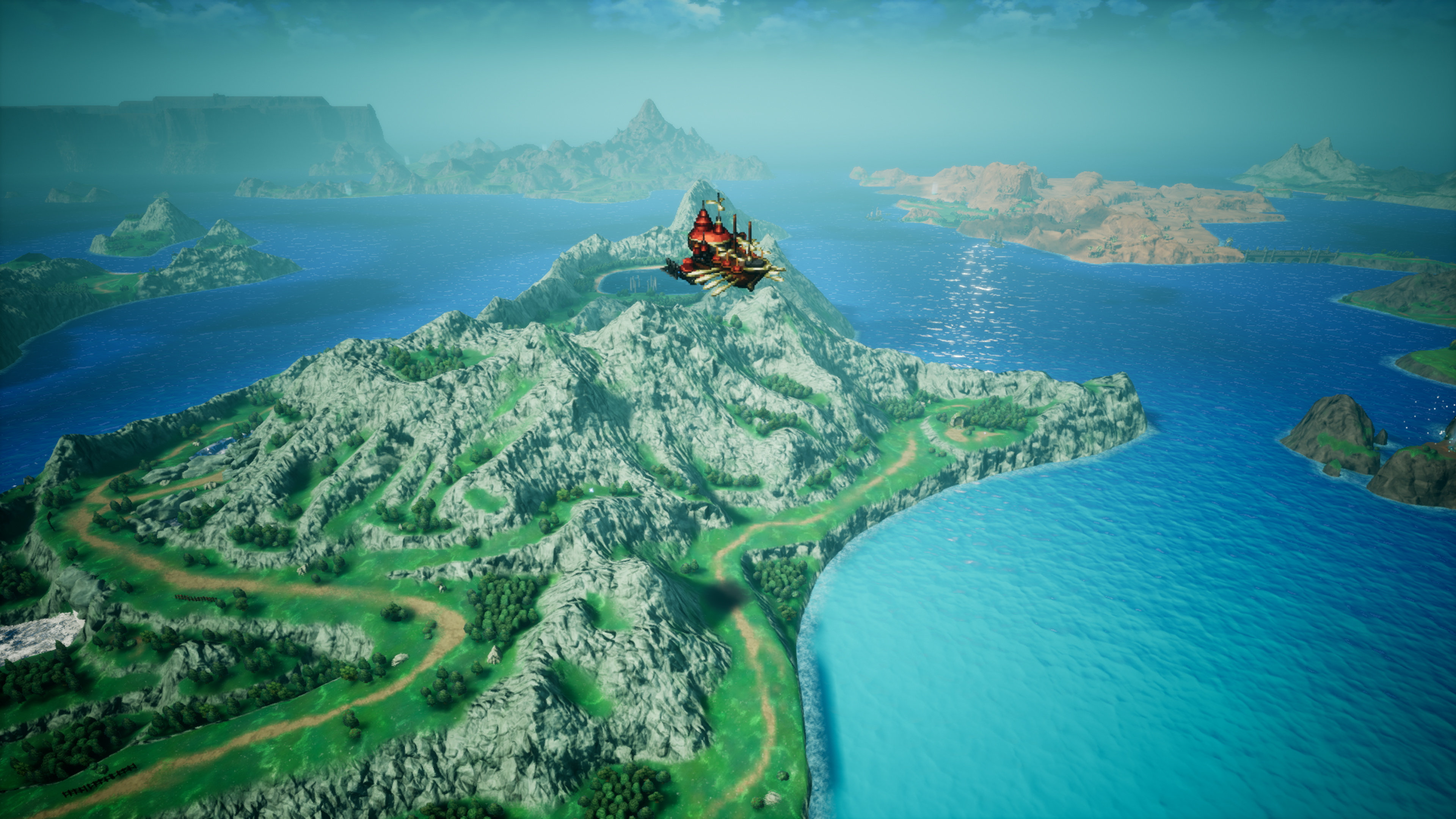 World map view of an island chain in the overworld with a flying red airship in the sky.